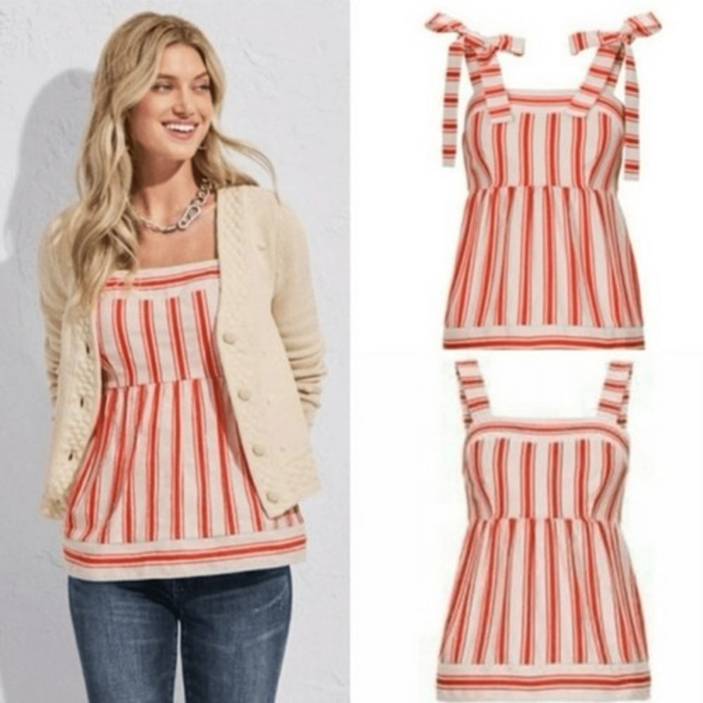 Cabi Cami Orange Cream Striped Linen Blend Brunch Babydoll Tank Top Small
